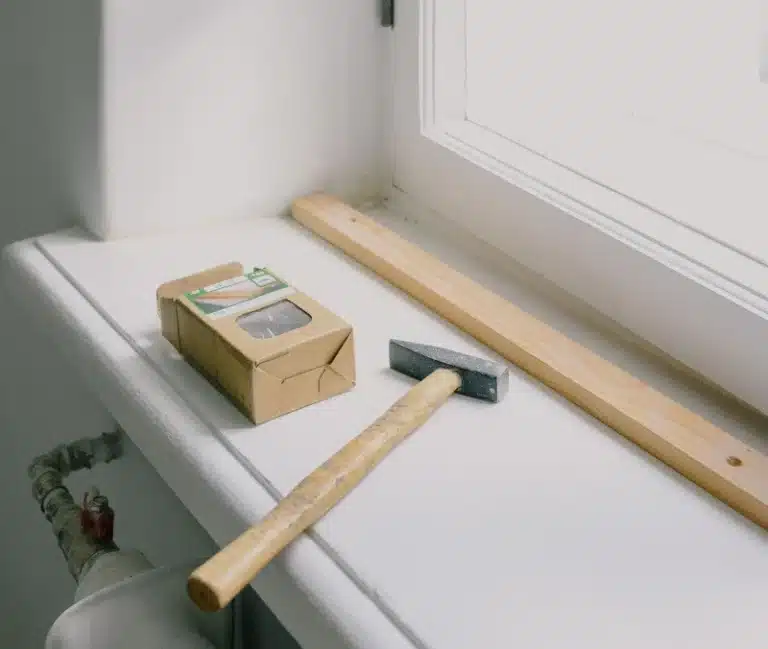 Daylit workspace with hammer and wooden tools by a white window