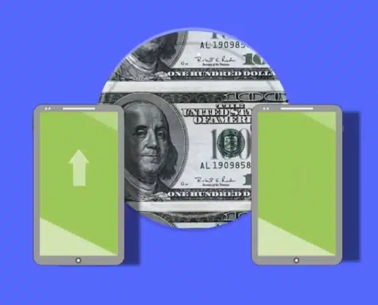 Isometric illustration of a digital money transfer using smartphones on a blue background.