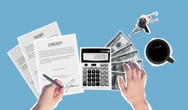 Overhead view of financial planning with debt and credit documents, calculator, and cash on blue background
